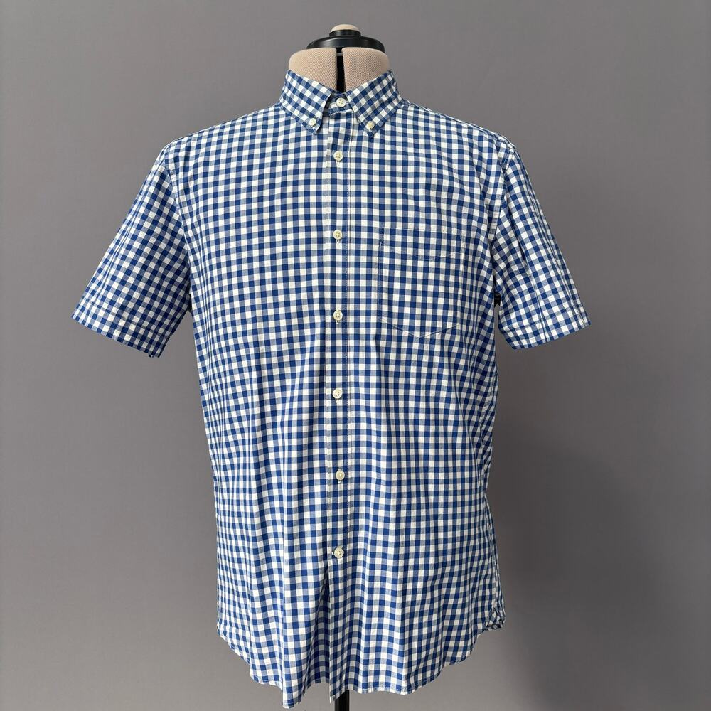 H&M LOGG Mens Short Sleeve Button Front White & Blue Gingham Shirt Sz L